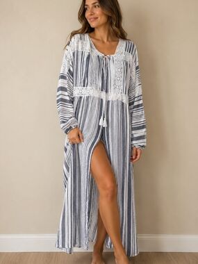 Hummingbird Navy & White Striped Lace-Trim Maxi Swim Coverup